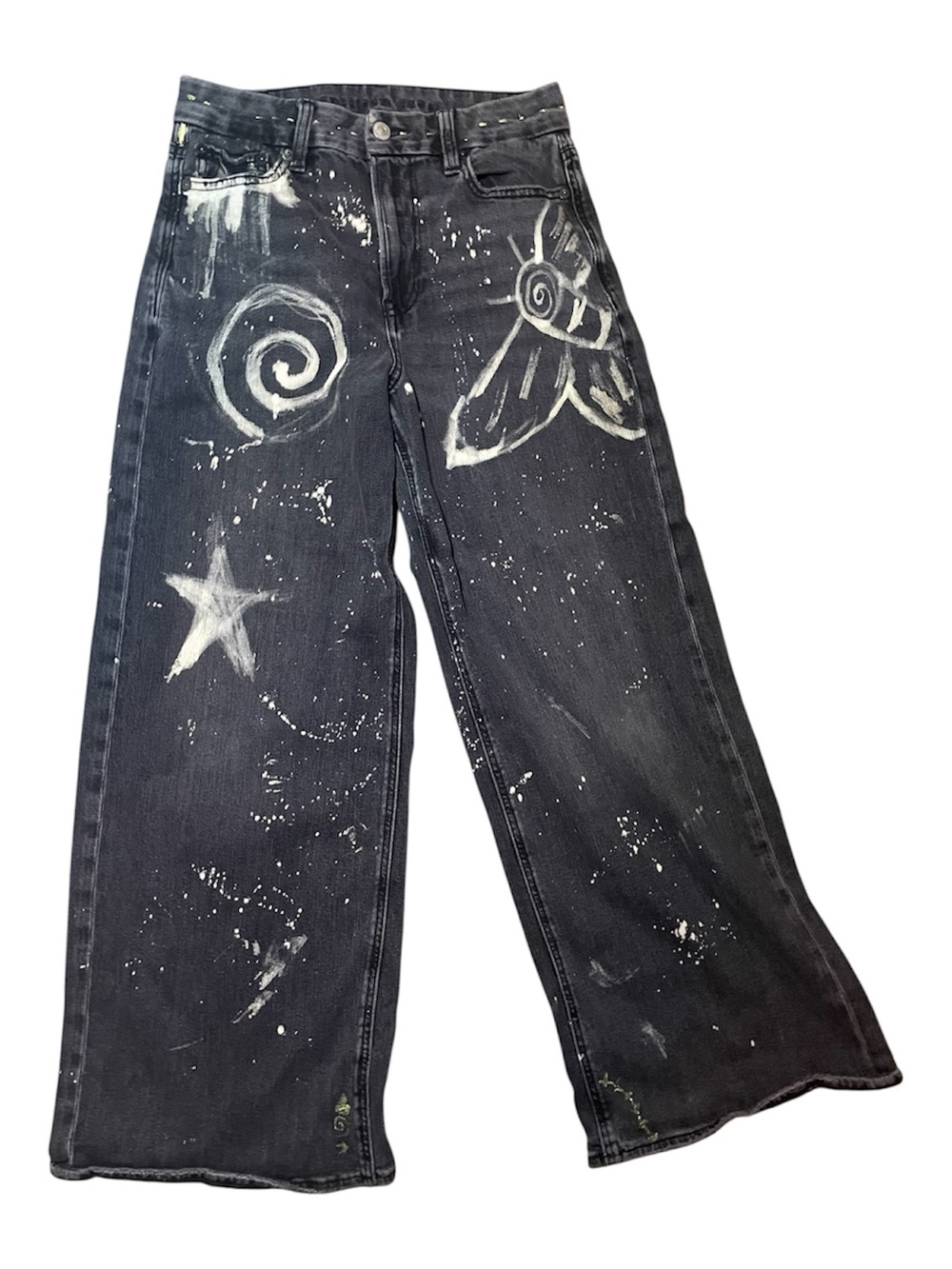American Eagle Hand Painted Wide Leg Jeans 4 Short *Black Denim* Y2K Grunge
